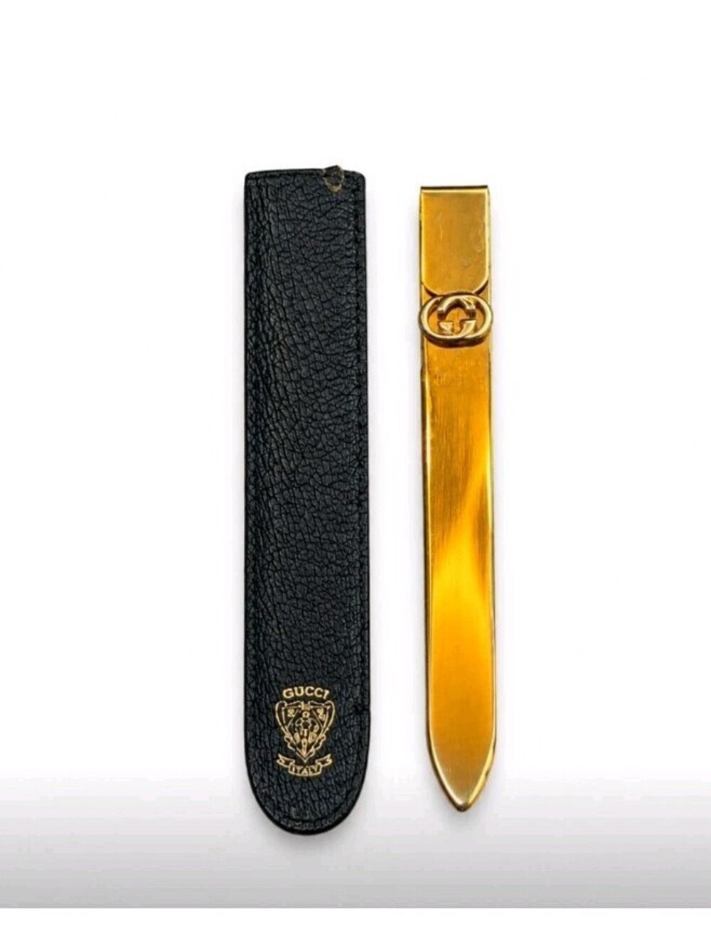 Vintage Gucci GG Letter Opener Gold Tone w/ Leather Sleeve Made in Italy